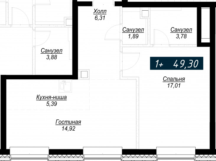 Однокомнатная квартира 49 м²