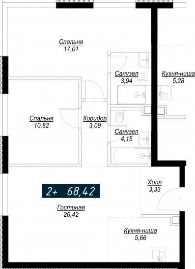 Двухкомнатная квартира 68 м²