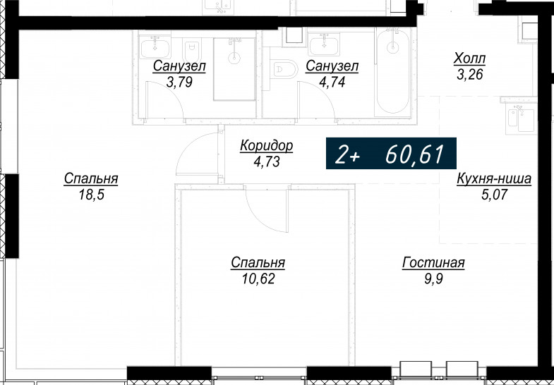 Двухкомнатная квартира 60 м²