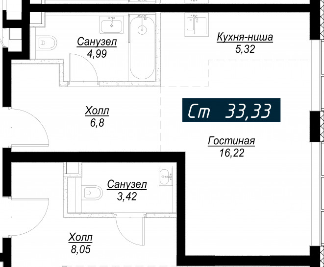 Студия 33 м²