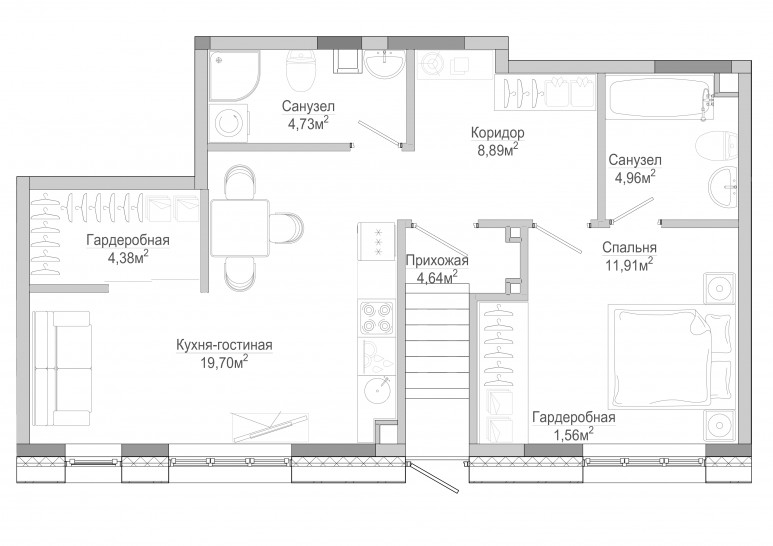 Однокомнатная квартира 60 м²