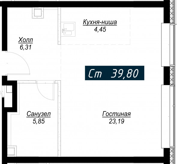 Студия 39 м²