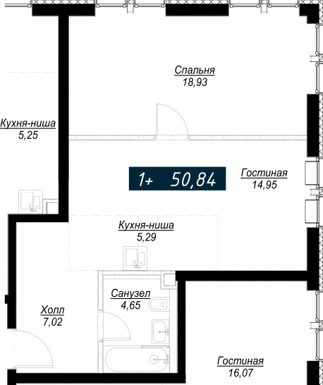 Однокомнатная квартира 50 м²