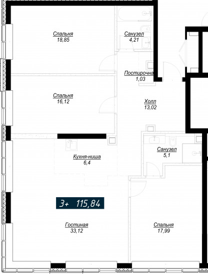 Трёхкомнатная квартира 115 м²