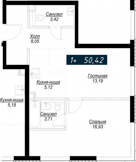 Однокомнатная квартира 50 м²