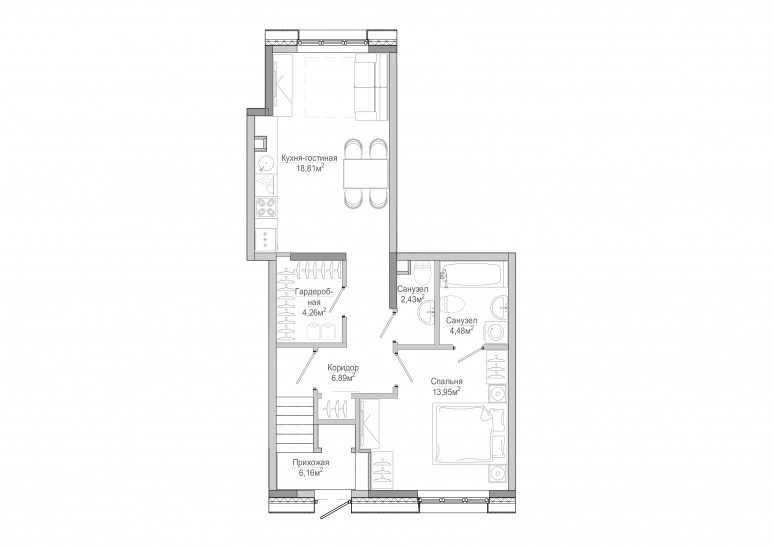 Однокомнатная квартира 57 м²