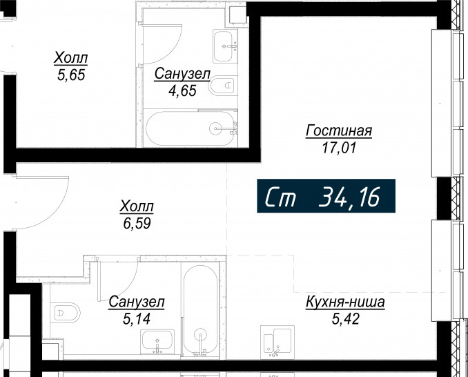 Студия 34 м²