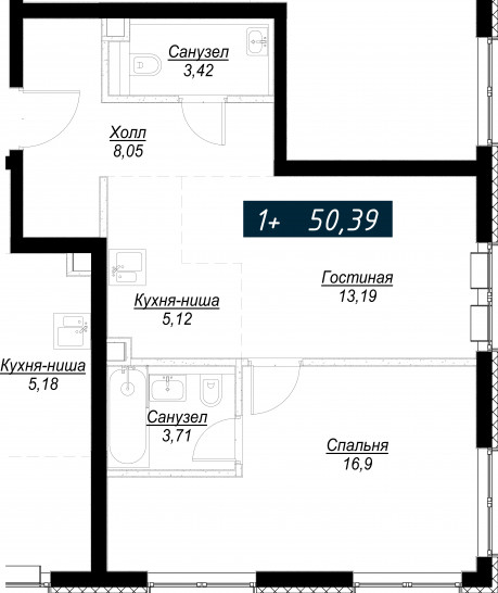 Однокомнатная квартира 50 м²