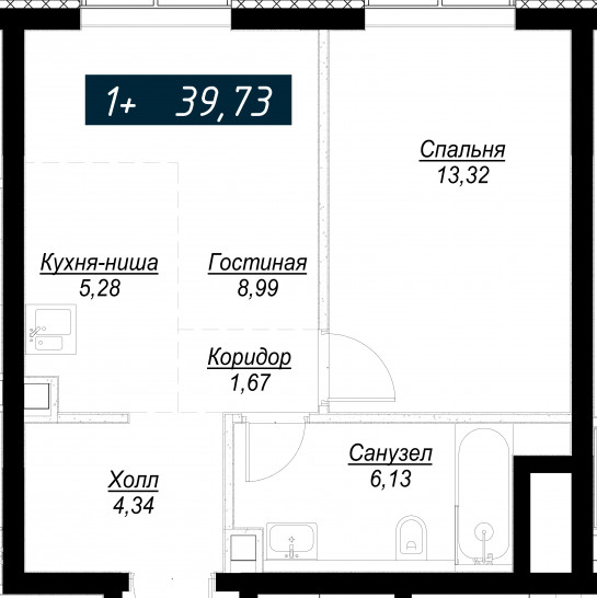 Однокомнатная квартира 39 м²