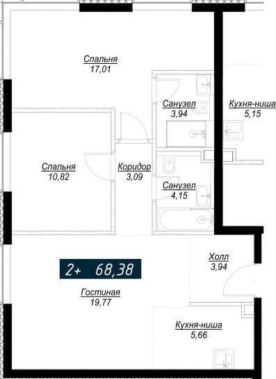 Двухкомнатная квартира 68 м²