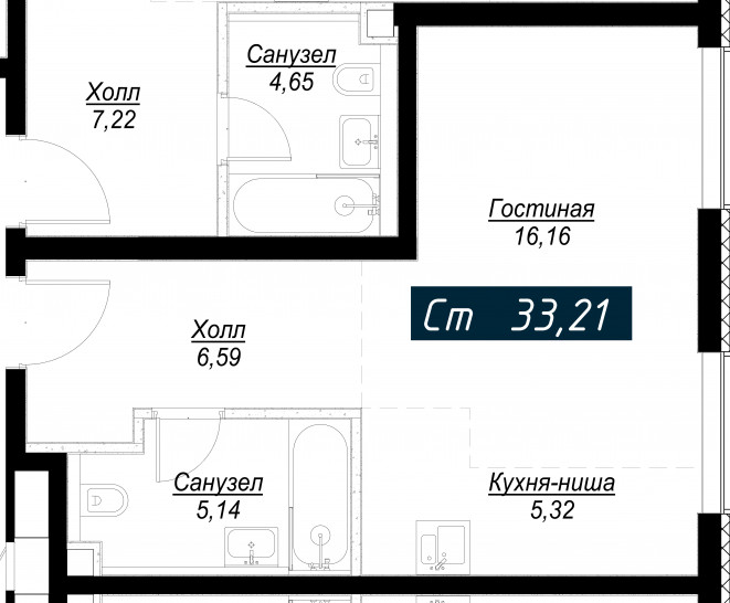 Студия 33 м²