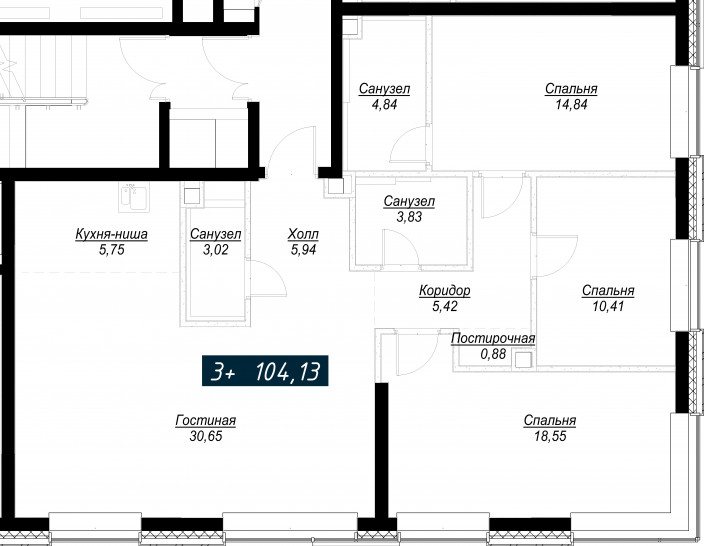 Трёхкомнатная квартира 104 м²