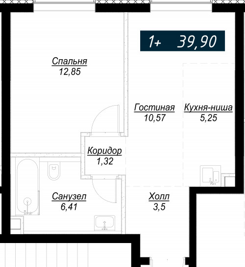 Однокомнатная квартира 39 м²