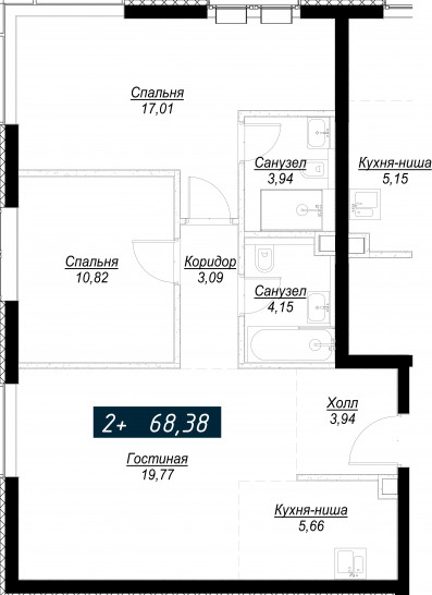 Двухкомнатная квартира 68 м²