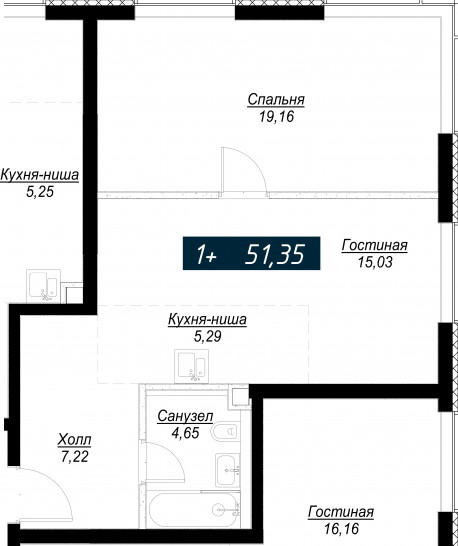 Однокомнатная квартира 51 м²