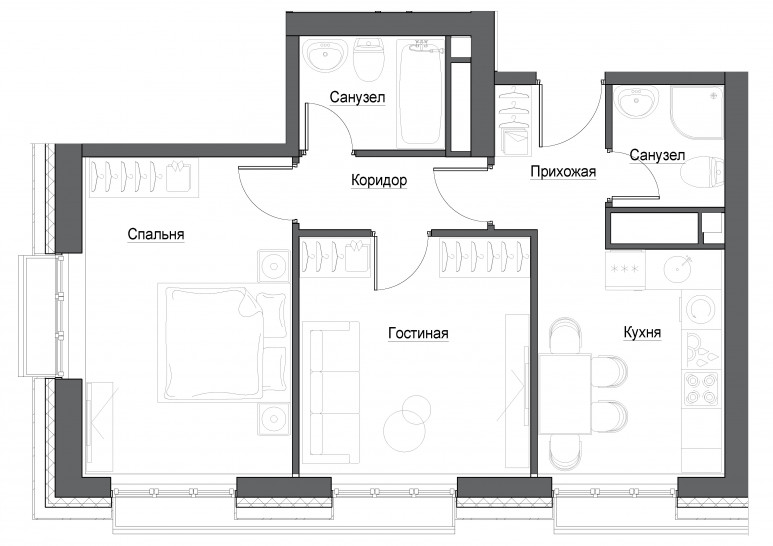 Двухкомнатная квартира 52 м²