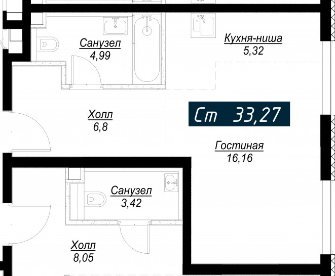 Студия 33 м²