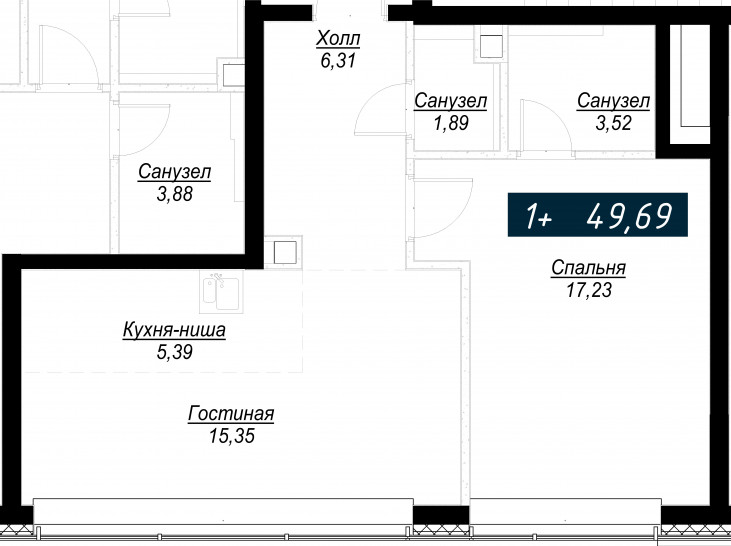 Однокомнатная квартира 49 м²