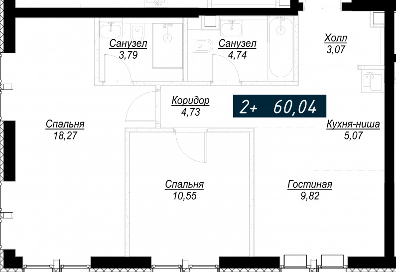 Двухкомнатная квартира 60 м²