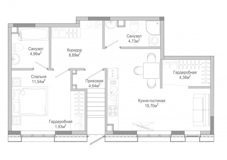 Однокомнатная квартира 60 м²