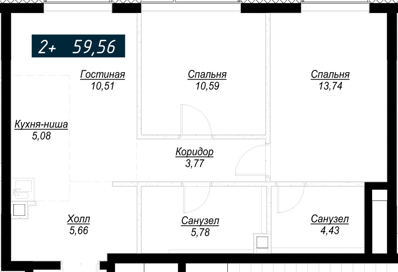 Двухкомнатная квартира 59 м²