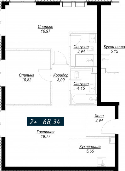 Двухкомнатная квартира 68 м²