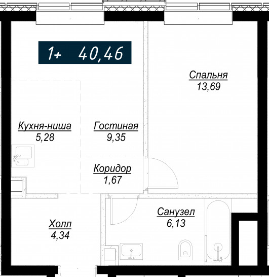 Однокомнатная квартира 40 м²