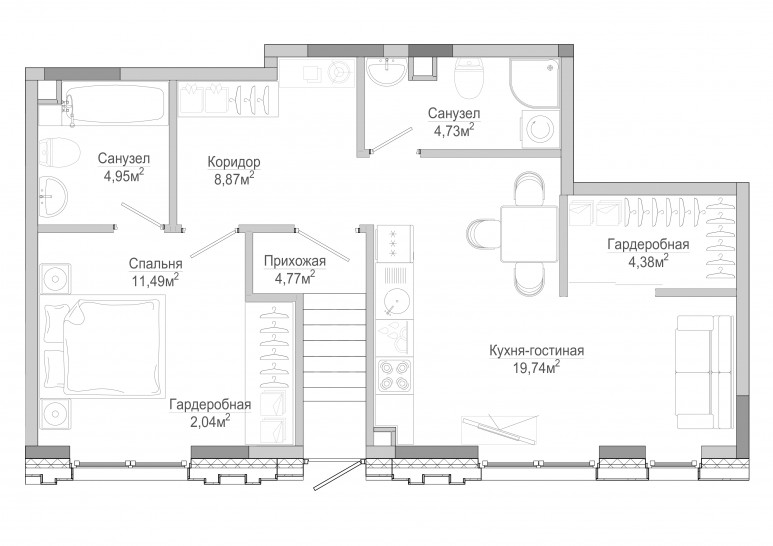 Однокомнатная квартира 61 м²