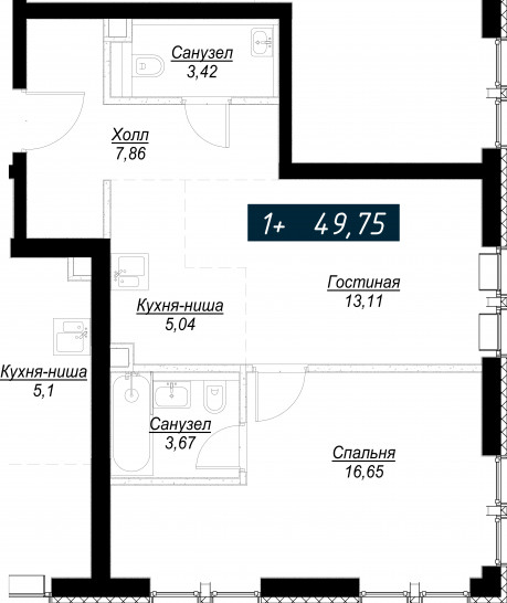 Однокомнатная квартира 49 м²