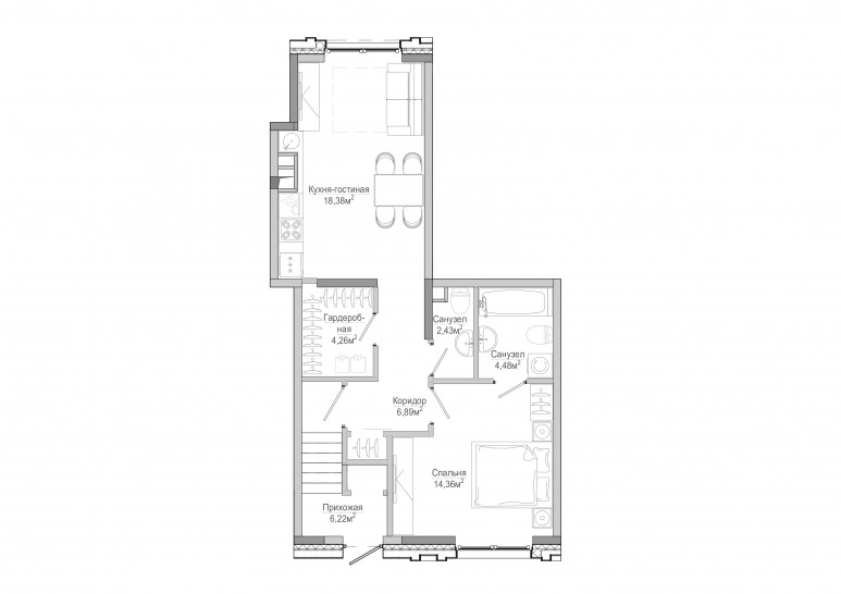 Однокомнатная квартира 57 м²