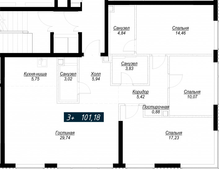 Трёхкомнатная квартира 101 м²