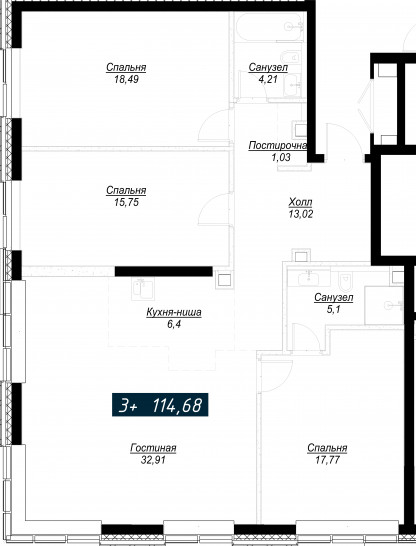 Трёхкомнатная квартира 114 м²