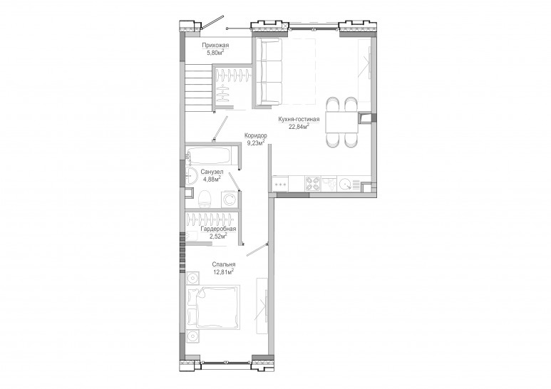 Однокомнатная квартира 58 м²