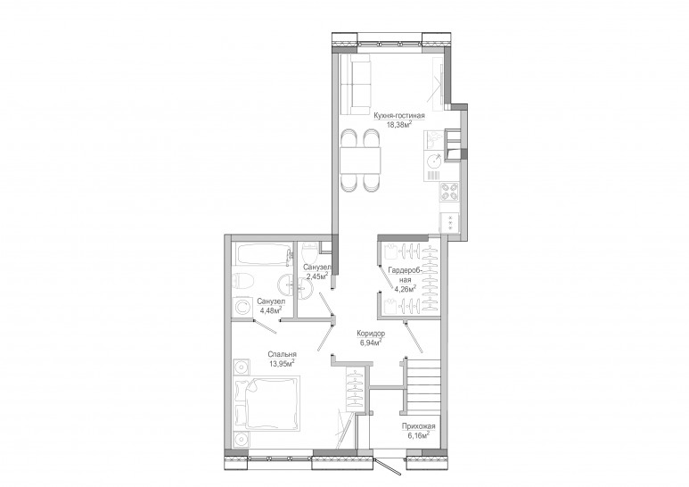Однокомнатная квартира 56 м²
