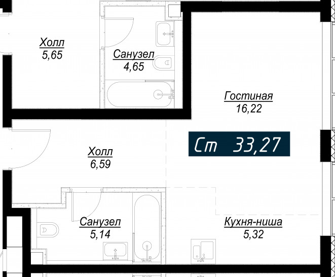 Студия 33 м²