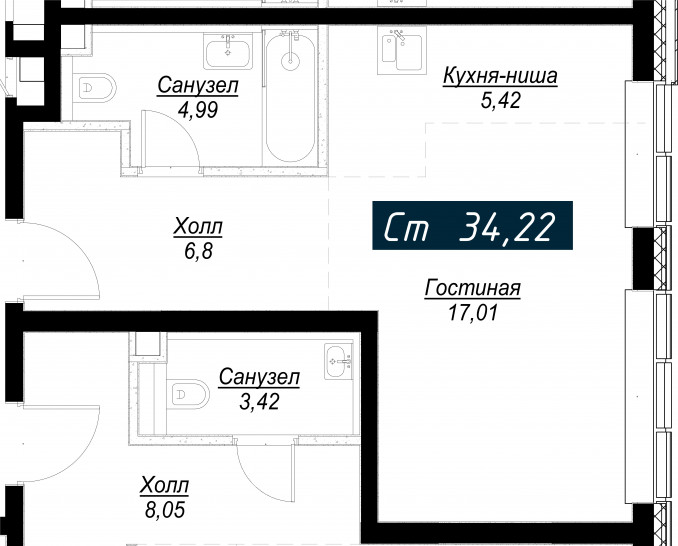 Студия 34 м²