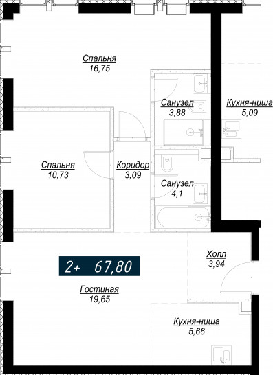 Двухкомнатная квартира 67 м²