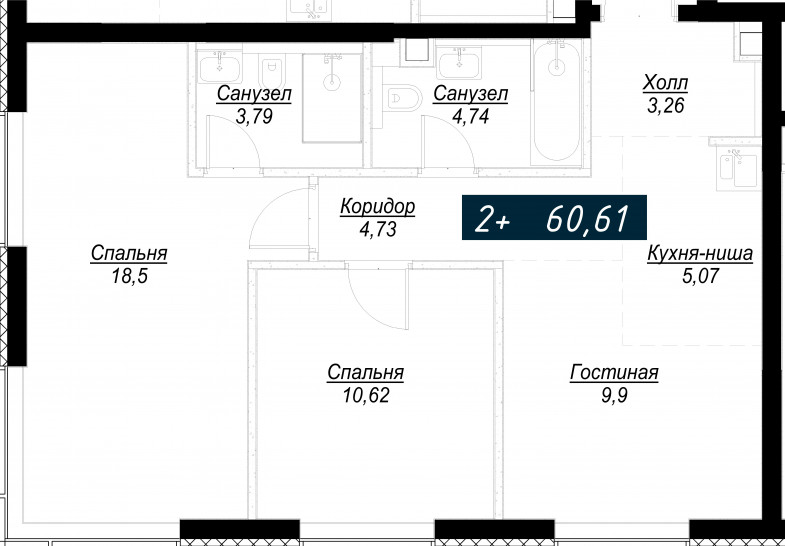 Двухкомнатная квартира 60 м²