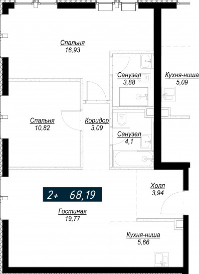 Двухкомнатная квартира 68 м²
