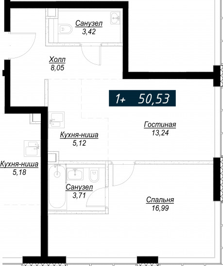 Однокомнатная квартира 50 м²