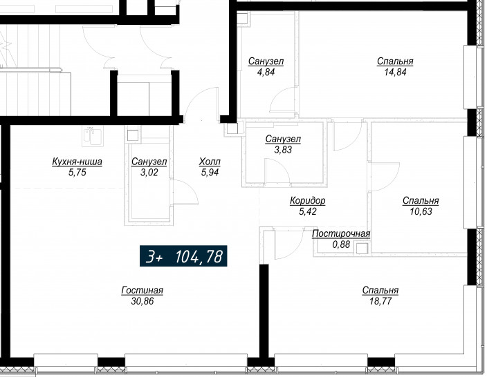 Трёхкомнатная квартира 104 м²