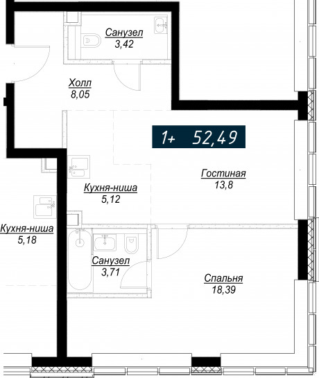 Однокомнатная квартира 52 м²
