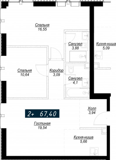 Двухкомнатная квартира 67 м²